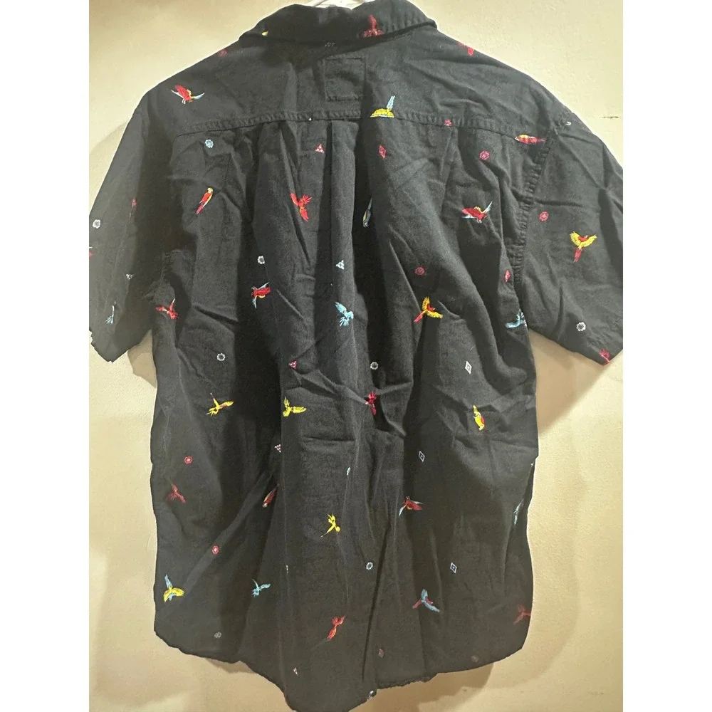 Levis Mens Black Embroidered Parrot Floral Short Sleeve Button Down Shirt Large